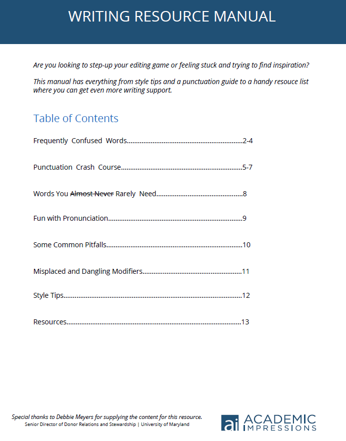 Image of front page from the the Writing Resource Manual PDF.