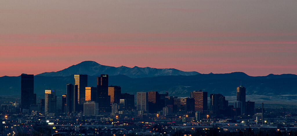 A photo of the Denver Skyline at sunrise