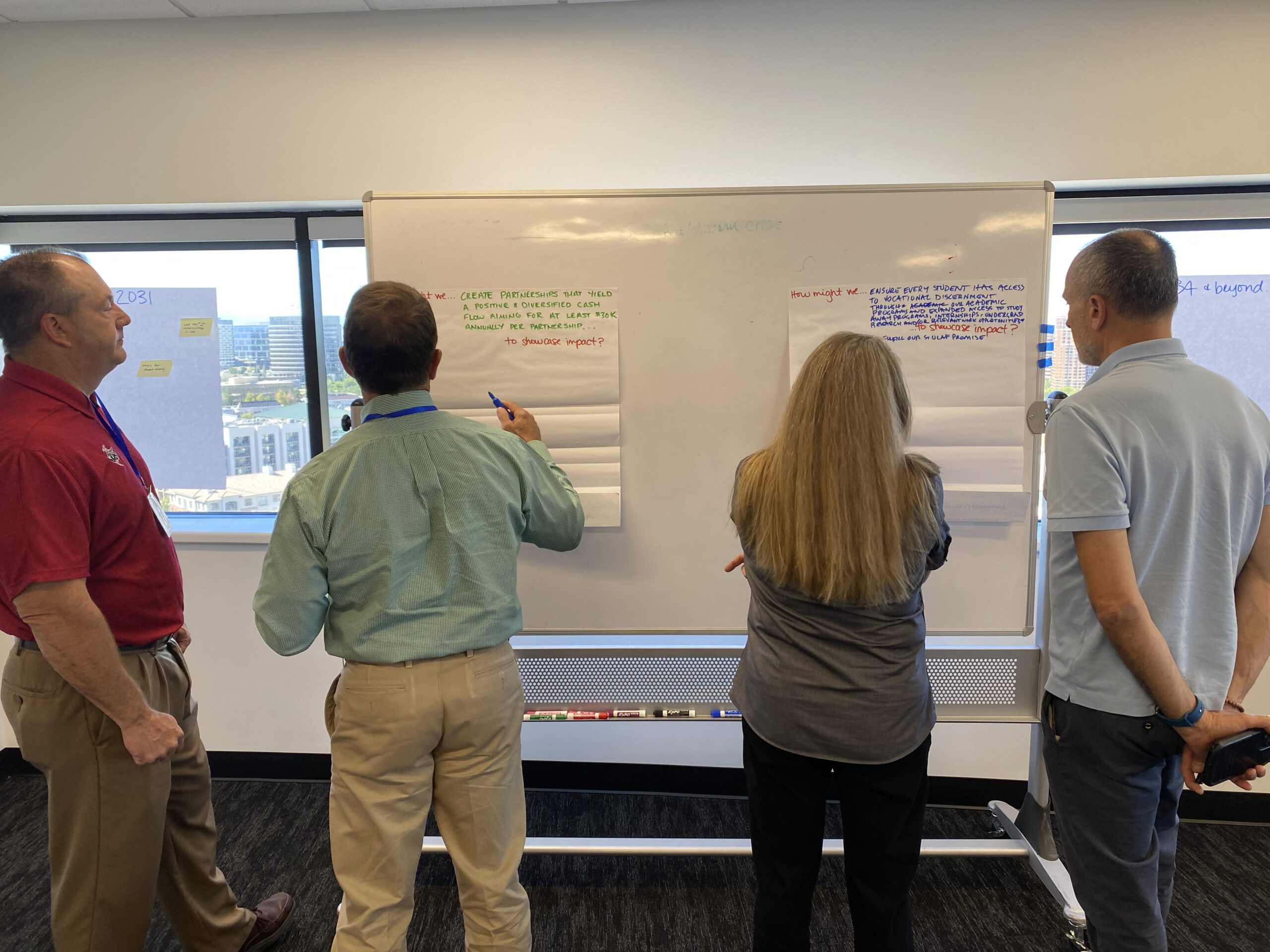 Image of four people working at a whiteboard